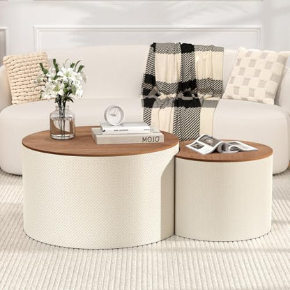 Nesting Coffee Table Set of 2, Round, White | Hidden Storage, Leather Wrapped, Stackable End Tables, No Assembly Required, For Small Space Living Room Apartment - color: White
