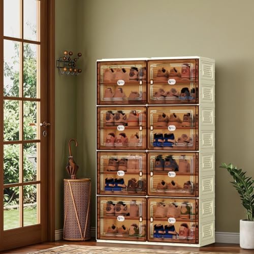 White Shoe Rack Organizer for 32 Pairs of Folding Design | Tool-free Assembly, Magnetic Clear Door, Anti-Tiping, Sneaker Storage, adjustable shelf, Folding Design, Garage, Entryway - size: 8Tier
