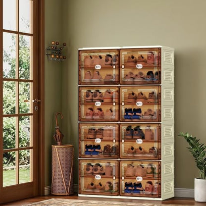 White Shoe Rack Organizer for 32 Pairs of Folding Design | Tool-free Assembly, Magnetic Clear Door, Anti-Tiping, Sneaker Storage, adjustable shelf, Folding Design, Garage, Entryway - size: 8Tier