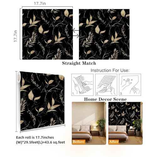 Dark Black and Gold Leaf Peel and Stick Wallpaper 17.7" x 354" | Self-adhesive removable waterproof leaf design for bedroom accent walls and renter friendly spaces - color: Black&Gold, size: 17.7" x 354"