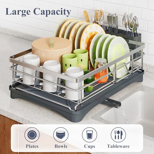 SAYZH Dish Drying Rack for Kitchen Counter with Utensil Holder, Silver | Stainless Steel, Large Capacity, Angled Drainboard, Rotating Spout, Removable to Clean - color: Silver