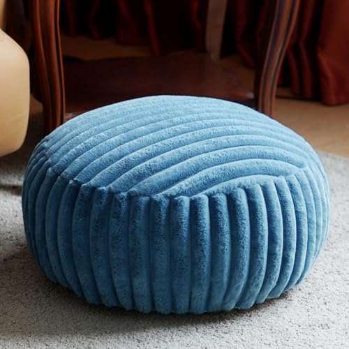 Unstuffed Pouf Ottoman Round Pouf Cover Soft Bean Bag, Blue | Cover Only, 20x20x8 In, Soft Short Plush, Ribbed Texture, Modern Style, Living Room, Bedroom, Reading Nook - color: Blue