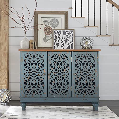 Sophia & William Buffet Sideboard with Storage, 3 Door Accent Cabinet | Blue Accent Cabinet with Doors, Entryway Carved Decorative Buffet Cabinet Sideboard with Storage, Side Table, for Living Room - color: Blue, size: 3-Door
