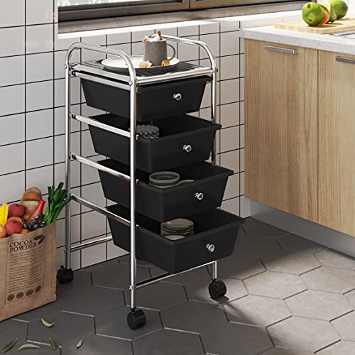 Yaheetech 4-Drawer Rolling Storage Cart with Wheels, Slim Organizer, Black | Four drawers plus a top shelf organize craft to bath gear; slim chrome-steel frame, plastic bins, locking wheels, easy setup. - color: Black, style: 4 Drawers