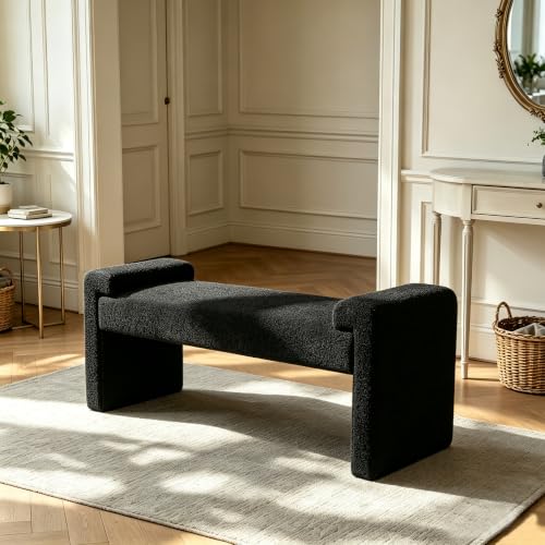 Upholstered Entryway Bench, 58.7" Modern Bedroom Bench, Black | Sherpa Fleece, Curved Armrests, Solid Wood Frame, End of Bed, Bedroom, Living Room, Hallway - color: Black-sherpa, size: 58.7"