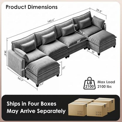 Marsail Modular Sectional Sofa 145.6" U-Shaped Modern Comfy Cloud Couch, 6-Seat Chenille Deep Seat Sofa with Throw Pillow & Movable Ottoman for Living Room, Bedroom and Apartment, Grey - color: Grey, size: 145.6" - U Shape