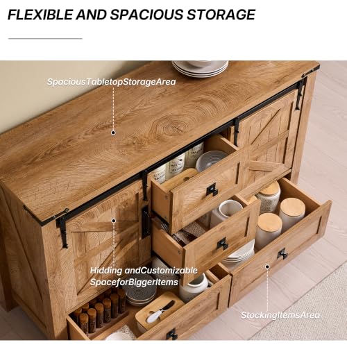 T4TREAM 48" Wide Farmhouse Sideboard Buffet Cabinet, Light Tree Knot | 31.2" Tall Kitchen Cabinet with Storage, 2 Sliding Barn Doors, 4 Drawers, Rustic Wood, Coffee Bar Table, Dining Room - color: Light Tree Knot