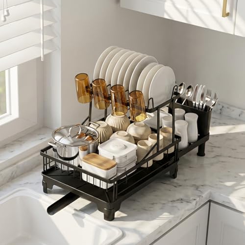 Large Expandable 2 Tier Dish Drying Rack for Kitchen Counter, Black | Extendable Design, 360° Rotating Drain Spout, Stable Screw-Fixed Frame, Rust-Resistant, Cup & Utensil Holder, Tool-Free Setup - color: Black, size: Countertop Expandable (12.6"w X 18.7"