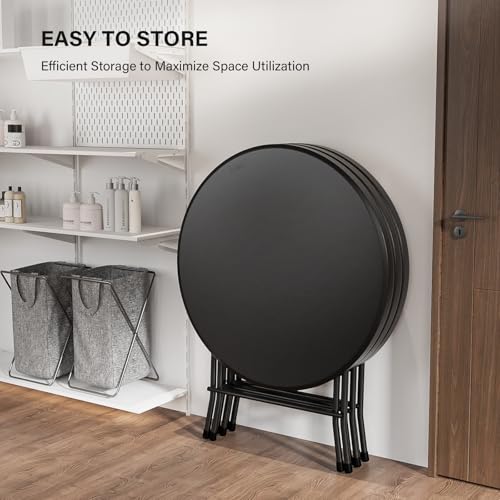 Bonnlo Round Folding Table 32 inch, HDPE Plastic Small Tabletop with Steel Frame Foldable Card Table for Indoor Outdoor Outside Dining, Party and Commercial Event, Black - color: Black
