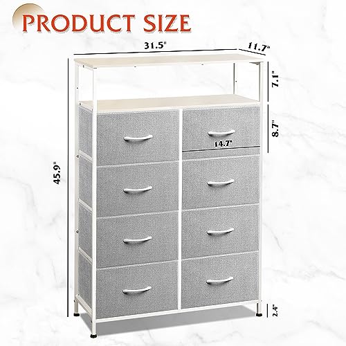 WLIVE 8 Drawer Fabric Dresser Open Shelves, Tall Bedroom Chest, Light Grey | Light Grey 8 fabric drawers plus open shelves, steel frame with wood top, great for bedroom closet entryway and dorm storage - color: Light Grey, style: Raised Shelves