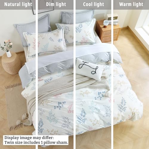 LEMIROE White & Gray Whimsical Botanical Cotton Comforter Set Twin Size 2PC | Pastel Leaf Print & Light Gray Grid Reversible Design, Lightweight, Cotton Shell, Down Alternative Fill, 1 Pillow Sham - color: Botanical Serenity - White & Gray Grid, size: Twi