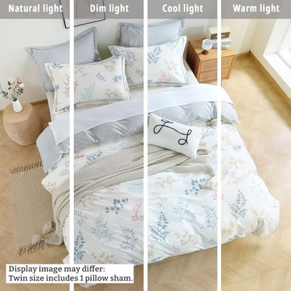 LEMIROE White & Gray Whimsical Botanical Cotton Comforter Set Twin Size 2PC | Pastel Leaf Print & Light Gray Grid Reversible Design, Lightweight, Cotton Shell, Down Alternative Fill, 1 Pillow Sham - color: Botanical Serenity - White & Gray Grid, size: Twi