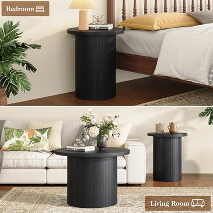 Nesting Coffee Table Set of 2, Mid Century Modern Round Coffee Tables, Wood Slat Side Table Set for Living Room, Office, Balcony, Textured Black - color: Black