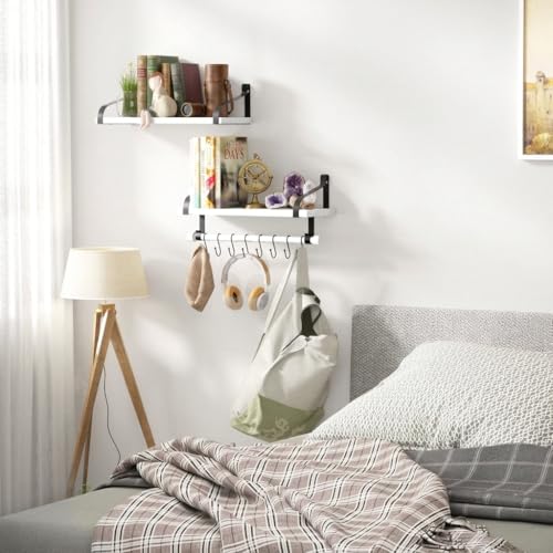 Love-KANKEI 17.3"Floating Wall Shelves Set of 2,Solid Wood,Coffee Bar,White | Spice Rack,Towel Bar/8 Hooks,39 Lbs/shelf,Easy to Install,For Kitchen,Bathroom,Living Room,Bedroom,Office,Entryway Display - color: White