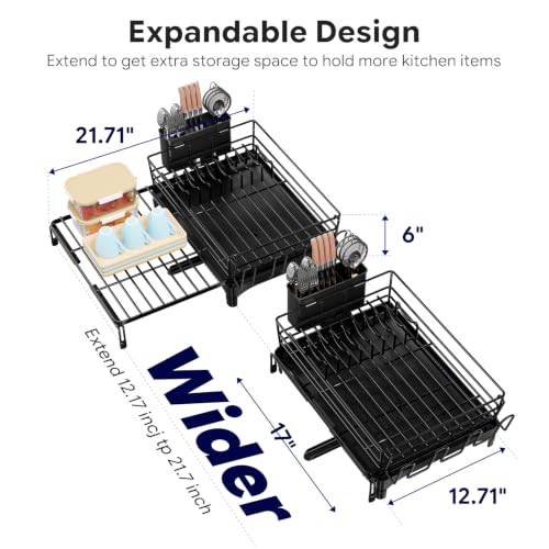 Simple Trending Dish Drying Rack - Expandable Dish Rack for Kitchen Counter, Large Capacity Dish Drainer, Stainless Steel Dish Strainer with Utensil & Cup Holders, Black - size: 21.71"D x 17"W x 6"H
