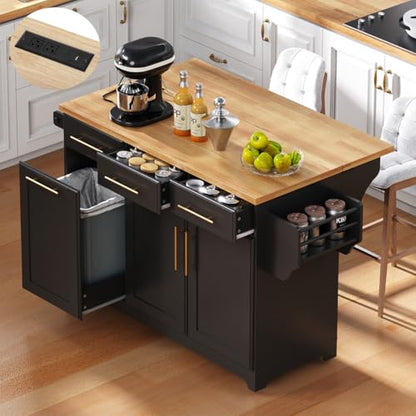 59.3" Rolling Kitchen Island with Trash Can Storage, Mobile Kitchen Storage Island with Drop Leaf, Power Outlet, Pull Out Cabinet Organizer (Black) - color: Black