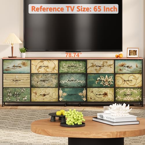 Dresser for Bedroom Chest of Drawers Fabric Dresser for Closet, Nursery Entryway Hall Tree TV Stand for Living Room Retro Floral Pattern Wooden Top (15 Drawers) - size: 13"D x 78.7"W x 26.8"H (15 Drawers)