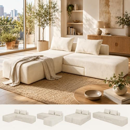 Boneless Sectional Couch, 4 in 1 Convertible Cloud Couch with Reversible Chaise & Deep Seat, Modular Sectional Sofa for Apartment, No Assembly Chenille Foam Couch in a Box, Beige - color: Beige, size: 89" Convertible Chaise Chenille