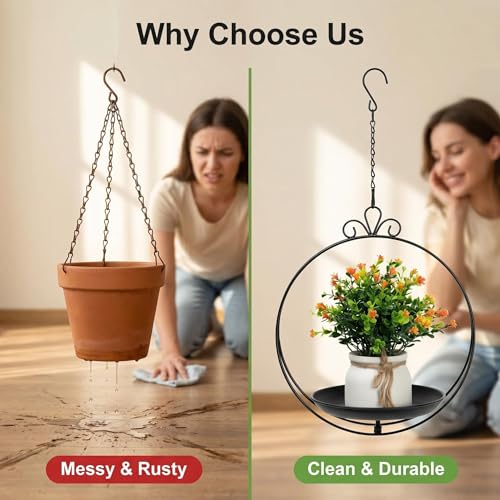 Hanging Planter for Indoor Outdoor Plant, Plant Hanger, Hanging Plant Tray | Metal, Wall Ceiling, Window, Plant Hangers Kit with Trays and Chains for Succulents, Pothos, Herbs, Balcony, Patio - style: hanging planter tray