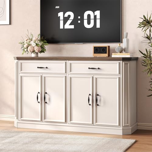 55" Sideboard Buffet Cabinet with 2 Storage Drawers & 4 Doors, Modern Kitchen Sideboards and Buffets with Adjustable Shelves, Wood Coffee Bar Cabinet for Living Room, Entryway, Off-White
