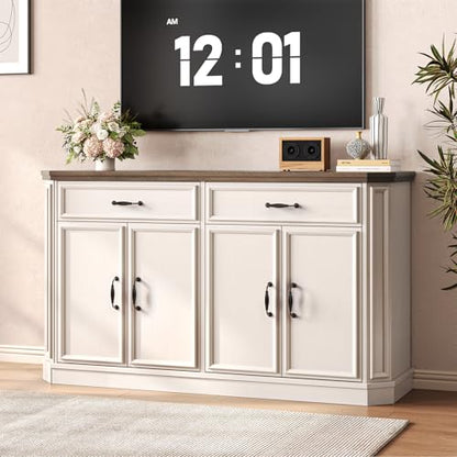55" Sideboard Buffet Cabinet with 2 Storage Drawers & 4 Doors, Modern Kitchen Sideboards and Buffets with Adjustable Shelves, Wood Coffee Bar Cabinet for Living Room, Entryway, Off-White