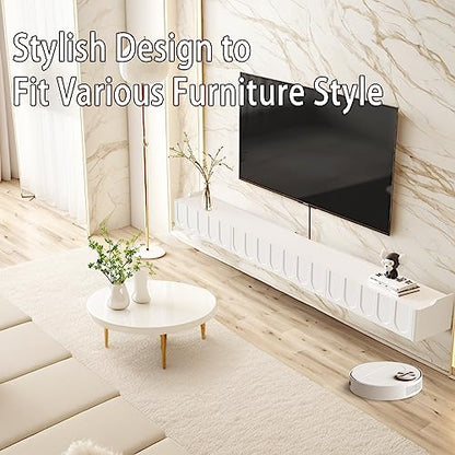 Floating TV Shelf in Solid Wood, 65'' High Gloss Wall Mounted TV Cabinet, Floating Shelves with Door & Drawers, Modern Entertainment Media Console Center Large Storage TV Bench (White) - size: 64.96''
