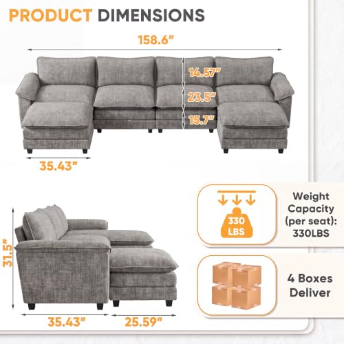 Homall 158.6" U-Shaped Cloud Couch, Modular Sectional Sofa for Living Room | Soft Chenille, 2 Movable Ottoman, Double Layer Cushion, 4 Seat, Sturdy Frame, High-Density Foam, Easy Assembly, Light Grey - color: Light Grey, size: U Shaped Sofa