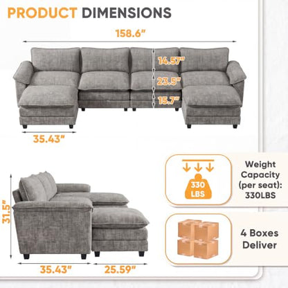 Homall 158.6" U-Shaped Cloud Couch, Modular Sectional Sofa for Living Room | Soft Chenille, 2 Movable Ottoman, Double Layer Cushion, 4 Seat, Sturdy Frame, High-Density Foam, Easy Assembly, Light Grey - color: Light Grey, size: U Shaped Sofa