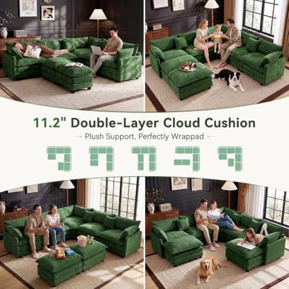 110" Modular Sectional Cloud Sofa Couch V Shape with 2 Ottoman, Green | 3 Layer Cushion, 6 Washable Pillows, 29" Deep Seat, Chenille Fabric, for Living Room Apartment - color: Green, size: 110"V-2