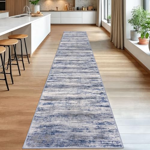 KOZYFLY Modern Abstract Washable Rug Runner 2.6x16 Hallway Rug Runner Non-Slip Soft Kitchen Runner Rugs, Grey-Blue Striped Carpet for Stair Entryway Bathroom Laundry Room Foyer - color: Blue-grey, size: 2'8" x 16' (Runner)