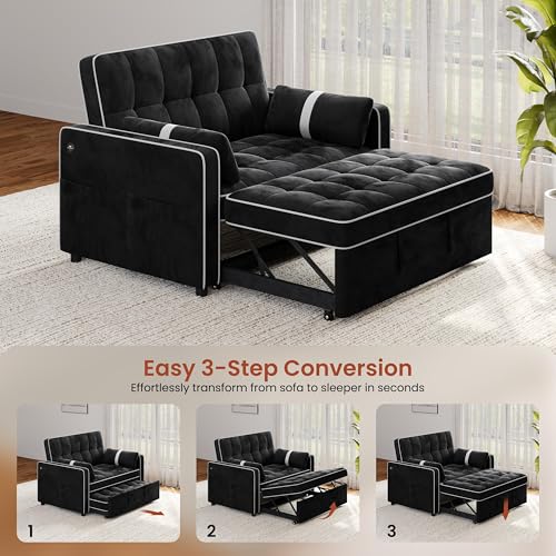 Yaheetech 3 in 1 Sofa Bed Convertible Sleeper Sofa with USB Ports, Black | Velvet Pull Out Couch Folding Loveseat Sleeper, Armrest Pillows, USB Ports, Side Pockets for Living Room Bedroom Apartment - color: Black