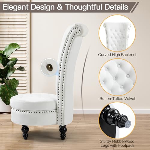 AVAWING High Back Velvet Throne Chair with Storage & Nailhead Trim, White | Tufted Ergonomic Back; Hidden Storage; Sturdy Rubberwood Legs; High-Density Foam; Easy Assembly; For Living Room Bedroom - color: White