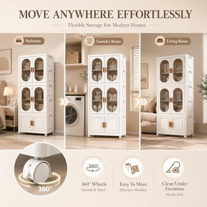 2-Tier Hanging Foldable Closet with Storage Bin, 3-Tier Portable Armoire Organizer, Modular Folding Cabinet with Doors & Wheels for Nursery Room Organization, Clear - size: Style A