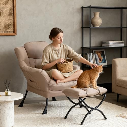 Lazy Chair with Ottoman, Comfy Reading Accent Chair, Khaki | Foldable Footrest, Padded Seat and Backrest, Side Pocket for Lounging in Living Rooms, Bedrooms, Dorms and Small Spaces - color: Peach Skin Khaki