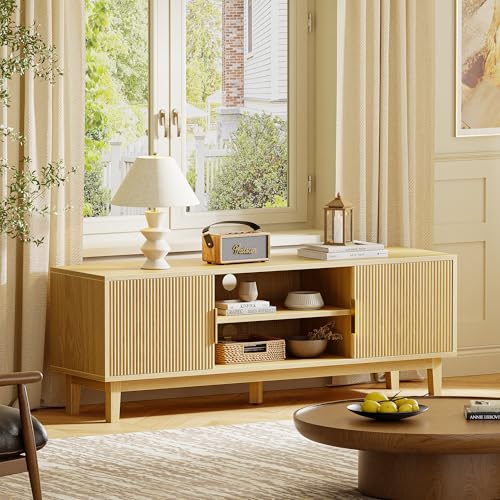 54 Inch Fluted TV Stand for TVs Up to 55, 60 Inch, Mid Century Modern Entertainment Center with Storage, TV Console with Adjustable Shelves, Midea Console for Living Room Bedroom, Beige - color: Nature