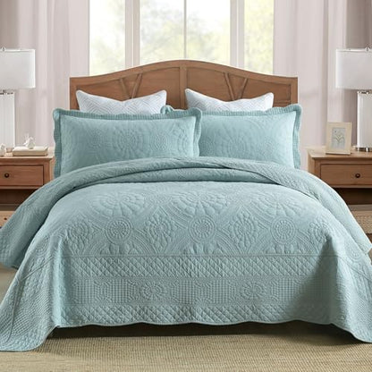 MarCielo 100% Cotton Quilt Set - 3-Piece Embroidered Farmhouse Bedspread & Shams, All-Season Breathable Bedding (Tf Aruba Blue, Queen) - color: Tf Aruba Blue, size: Queen (98" x 90")