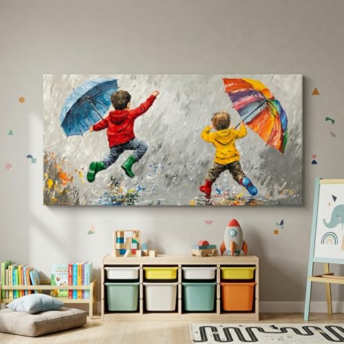 ZESTRILIA Joyful Kids Playing in Rain Canvas Wall Art, Rainbow Umbrella Children Oil Painting Print, Modern Colorful Impressionist Art for Nursery Bedroom Playroom Living Room (40x20 Inch) - color: Blue Children Umbrellas
