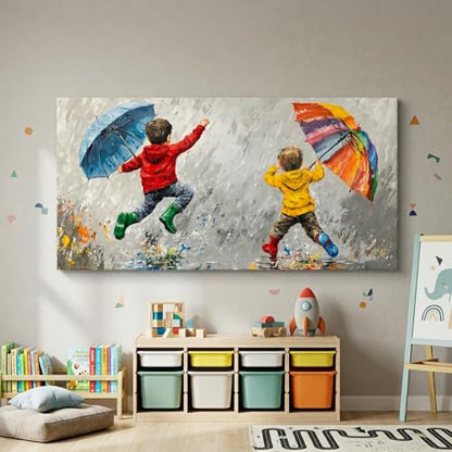 ZESTRILIA Joyful Kids Playing in Rain Canvas Wall Art, Rainbow Umbrella Children Oil Painting Print, Modern Colorful Impressionist Art for Nursery Bedroom Playroom Living Room (40x20 Inch) - color: Blue Children Umbrellas