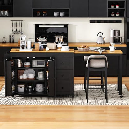Kitchen Island, Extendable Dining Table with Power Outlet | Extendable dining table expands from prep station to dining table, seats up to 2 extra guests, saves space when closed - color: Black3