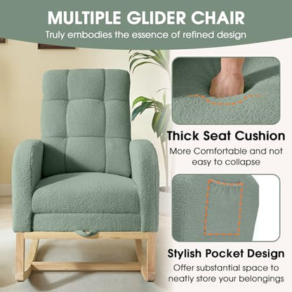 NIOIIKIT Modern Nursery Rocking Chair, Teddy Upholstered Rocking Chair with Footrest, Comfortable Rocker Chair with Side Pocket, Rocker Chair for Living Room, Bedroom, Nursing Room (Green) - color: Green