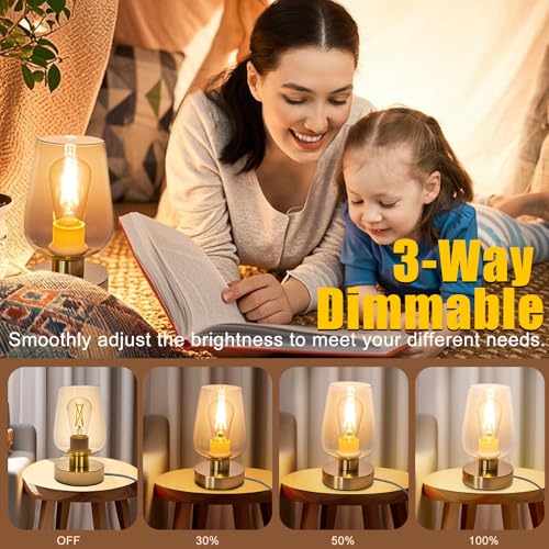 Touch Bedside Table Lamp with Glass Shade, Gold Modern Small Lamp for Bedroom Living Room Nightstand, 3 Way Dimmable Desk Lamp with USB C+A+AC Outlet Charging Ports, 800LM LED Bulb Included - color: Gold