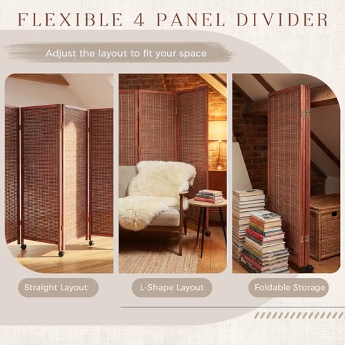 4 Panel Rolling Bamboo Short Room Divider with Wheels, 3.9FT Tall, Movable Folding Privacy Screen, Freestanding Partition for Loft, Apartment, Studio & Home Office, Brown