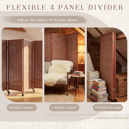 4 Panel Rolling Bamboo Short Room Divider with Wheels, 3.9FT Tall, Movable Folding Privacy Screen, Freestanding Partition for Loft, Apartment, Studio & Home Office, Brown