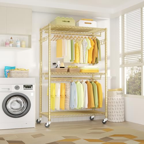 P1 Plus Rolling Clothes Rack, 22mm Diameter Heavy Duty Garment Rack | Clothing Rack with Wheels, Portable Closets with Shelves and Hanger Rods, 45"W x 17.7"D x 80.5"H, Load 524lbs, Gold - color: Gold, size: P1 Plus