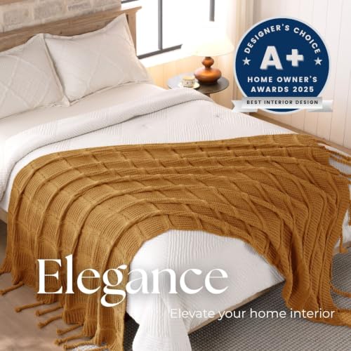 Boho Knitted Chenille Blanket with Tassels - Lightweight & Soft All-Season Throw - 3D Classic Pattern for Living Room Bedroom Couch, Amber Brown, King 90"x108" - color: Amber Brown, size: King