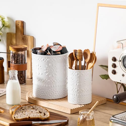 LOVECASA 7.2"+5.4" Ceramic Utensil Holder Set of 2, Farmhouse Crock | Easy to Clean, Heavy-Duty, Anti-Slip Base, For Spatulas, Ladles, Whisks, and Flatware, Also as Vase or Planter - color: Snow, size: 7.2"+5.4" (Set of 2)