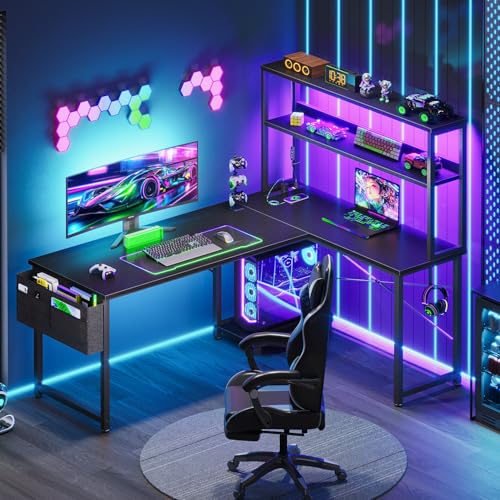 AODK L Shaped Desk Gaming Desk with LED Light & Power Outlet | 53 Inch Black Reversible L Shaped Computer Table with Shelf & Storage Bag & Hook for Home Office - color: Black, size: 53 Inch