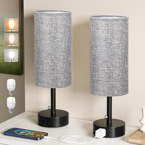 Grey Bedside Table Lamps Set of 2 - Bedroom Lamp for Desk, AC Outlet | 3CCT(3000K/4000K/5000K), LED Bulbs Included, Grey Fabric Lampshade, 14in Small Lamp for Nightstand, Guest Room, Living Room - color: Gray, size: 14.0in