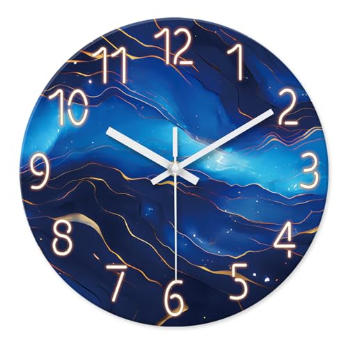 Glass Wall Clocks Battery Operated 12 Inch | Blue Marble Wall Clock for Kitchen Bedroom Office Abstract Analog Silent Wall Clock Non Ticking - color: Blue1, size: 12 Inch