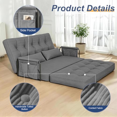Futon Sofa Bed,Convertible Sofa Bed,Folding Boneless Couches | 3-in-1 Folding Sofa Bed,Boneless Couches for Living Room with Pillow & Side Pocket,High-density Foam,Double Sleeper,Grey - color: Dark Grey, size: Full